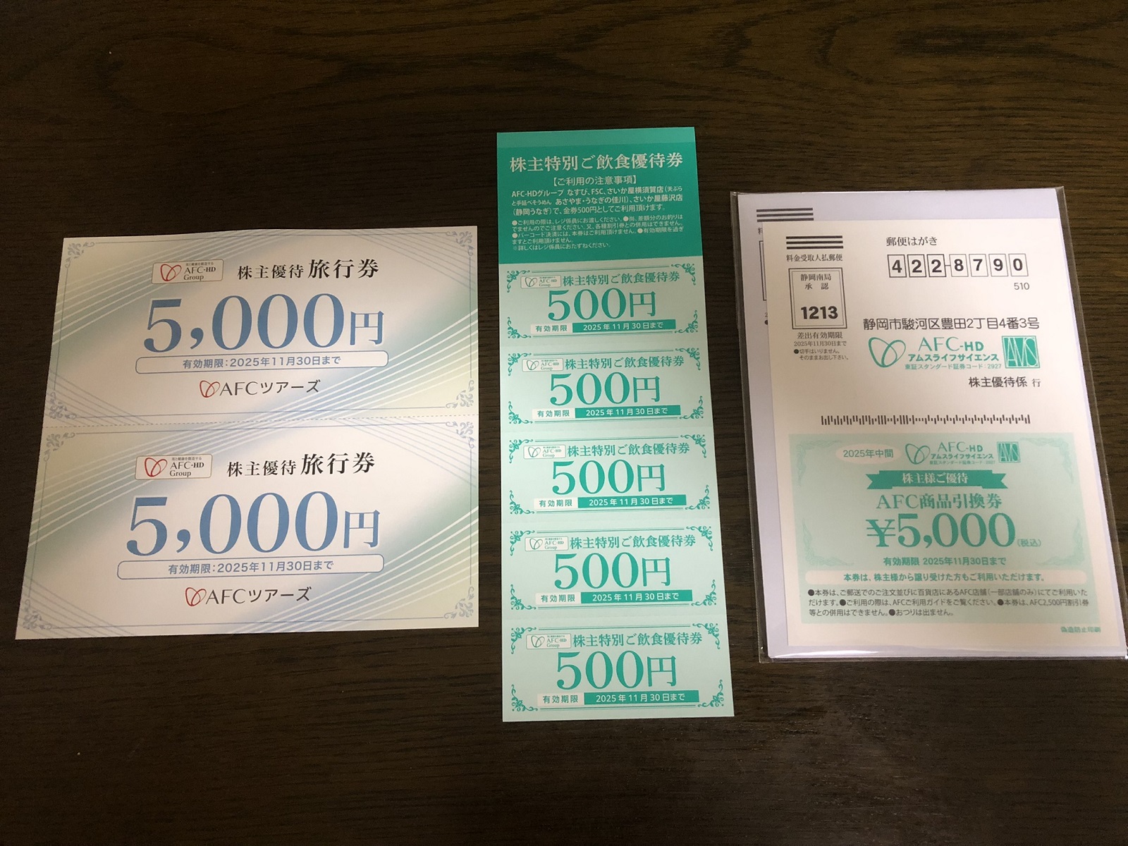 なすびグループの食事券と旅行割引券美容品サプリメントの引換券をいただけるＡＦＣの株主優待