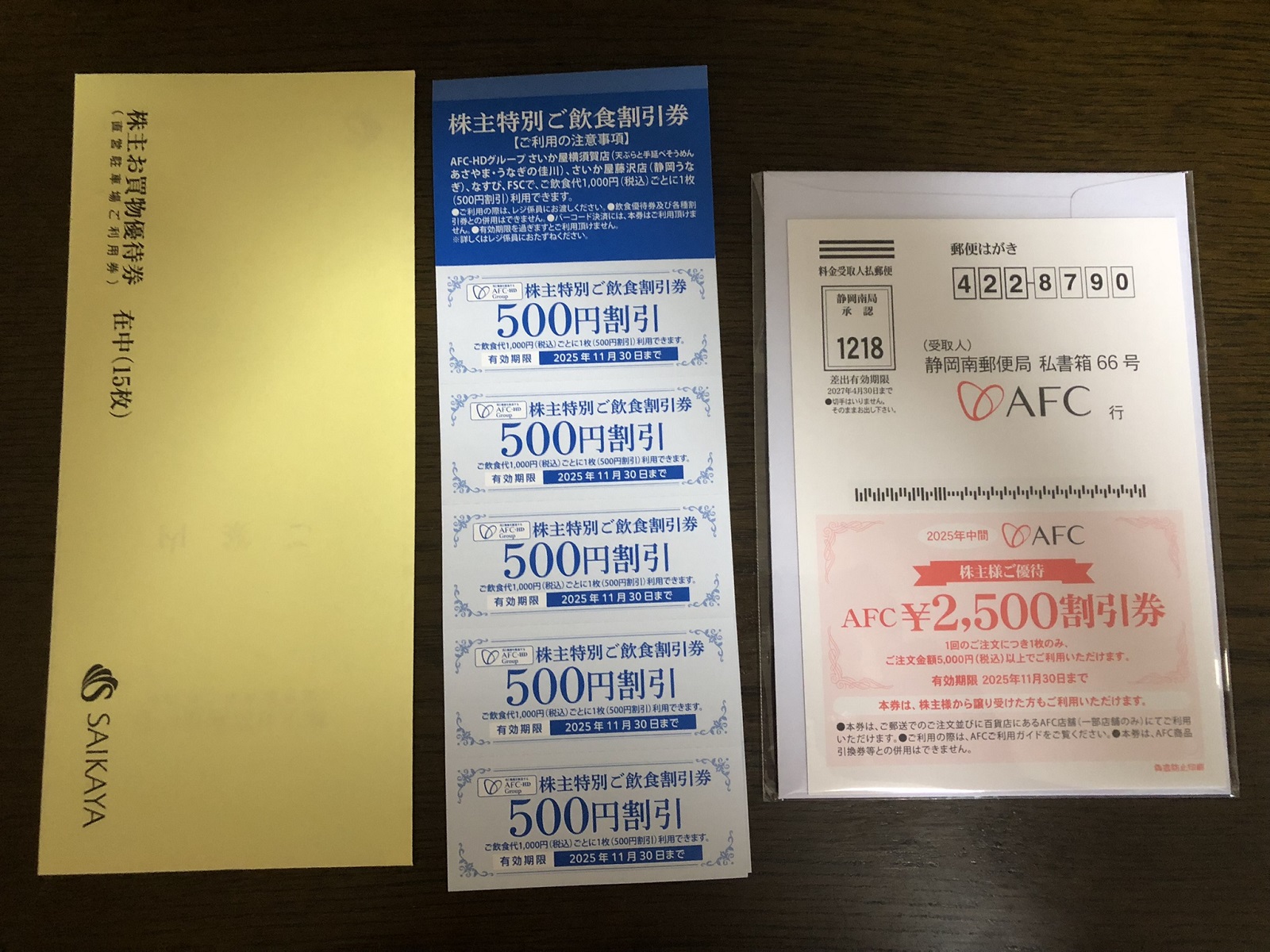 なすびグループの割引券とデパートの割引券をいただけるさいか屋の株主優待