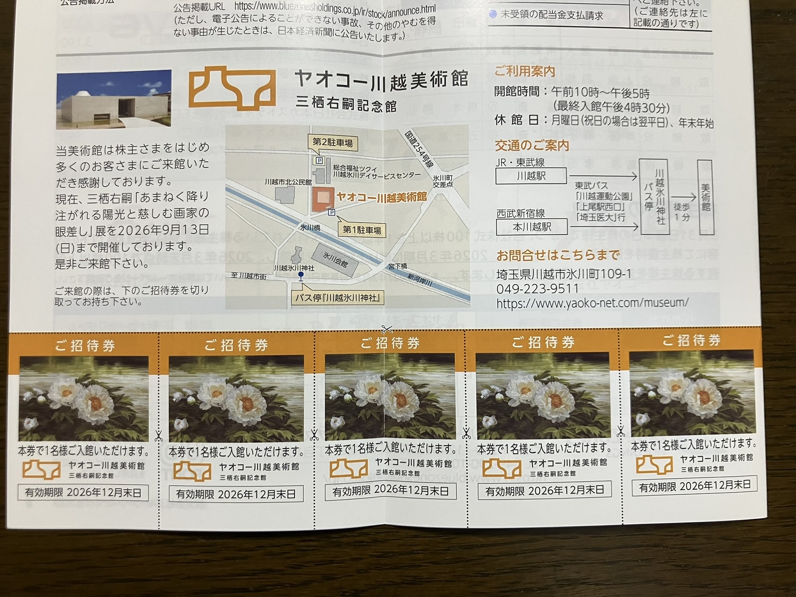 ブルーゾーンＨＤ（ヤオコー）の川越美術館の入館券は端株の保有でいただけます